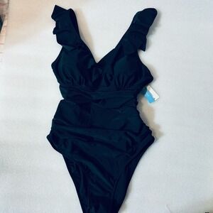 NWT Cupshe‎ Womens One Piece Swimsuit Size Medium  Ruffle Solid Black High Cut